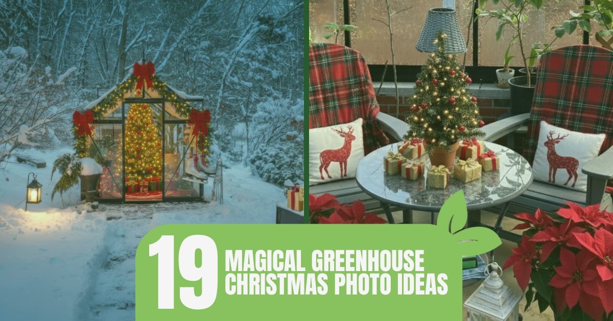 Images of two different greenhouses set up as christmas photo backdrops with a green tint and a graphic at the bottom that reads "19 Magical Greenhouse Christmas Photo Ideas"