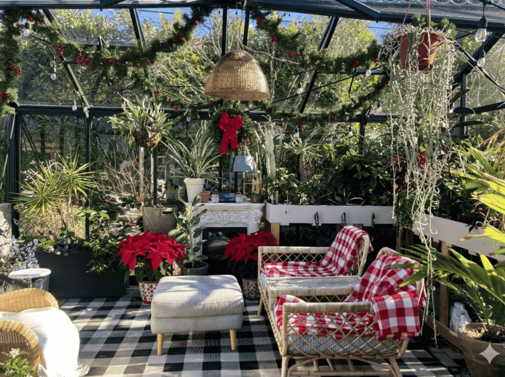 Interior of a greenhouse with chairs and a fireplace decorated with garlands and holiday flora