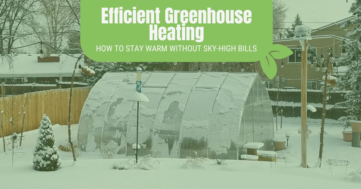 Riga polycarbonate greenhouse covered in snow with a green tint and a green graphic at the top reading "Efficient greenhouse heating: how to stay warm without sky high bills"
